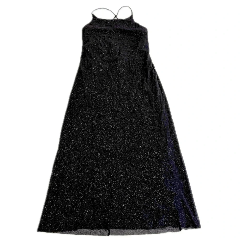 Bebe Dress Womens Medium‎ Black Maxi Glitter Sparkle Criss Cross Back Y2K